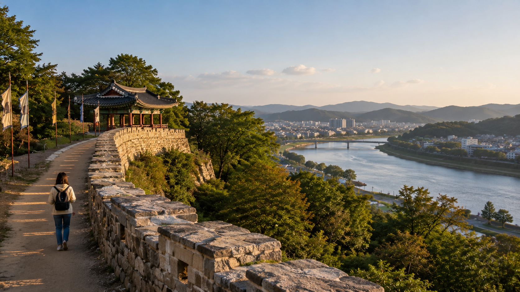 A traveler walking along the stone wall of Gongsanseong Fortress above the Geumgang River in Gongju