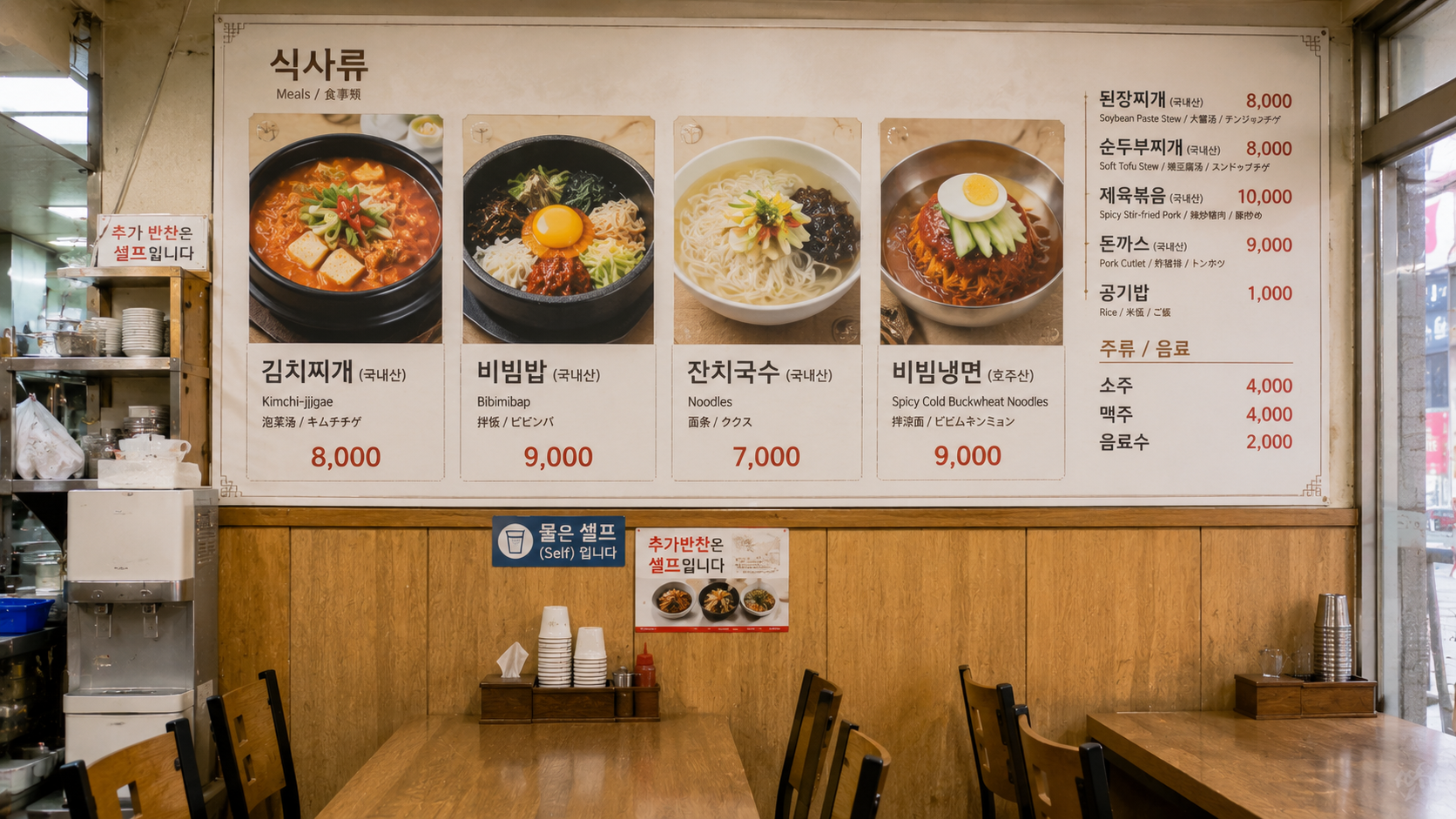 A Korean neighborhood restaurant menu board showing prices for kimchi-jjigae, bibimbap, and noodles