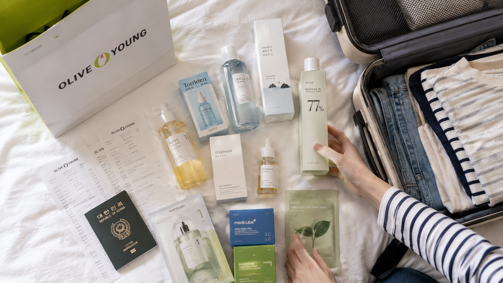 A traveler organizing Olive Young products, receipts and a passport beside an open suitcase in a Korean hotel room