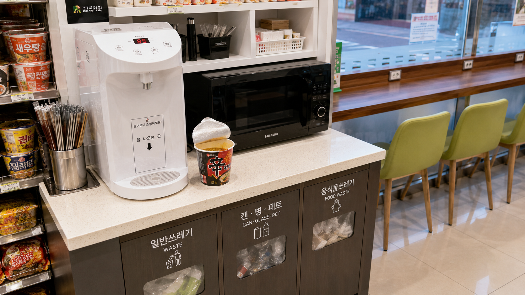 A convenience store self-service counter with a microwave, hot-water dispenser, cup noodles, and clearly separated waste