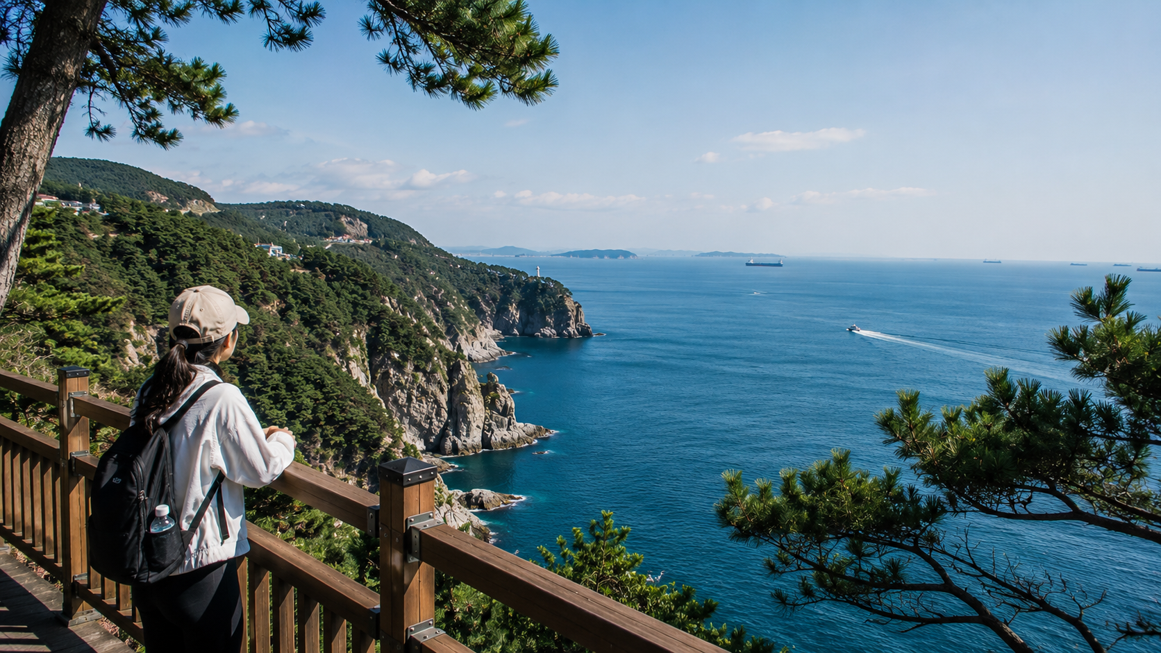 Traveler looking over the rocky coast and open sea from a Taejongdae viewpoint