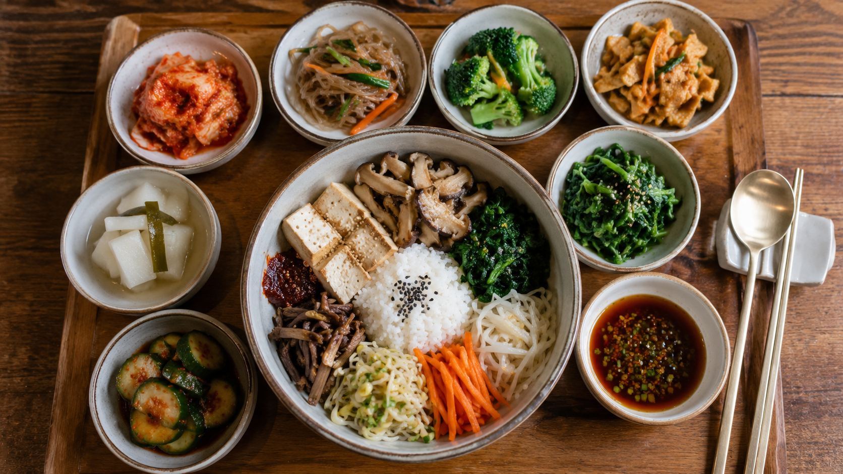 A Korean vegetarian meal with rice, tofu, namul, mushrooms, and clearly plant-based side dishes