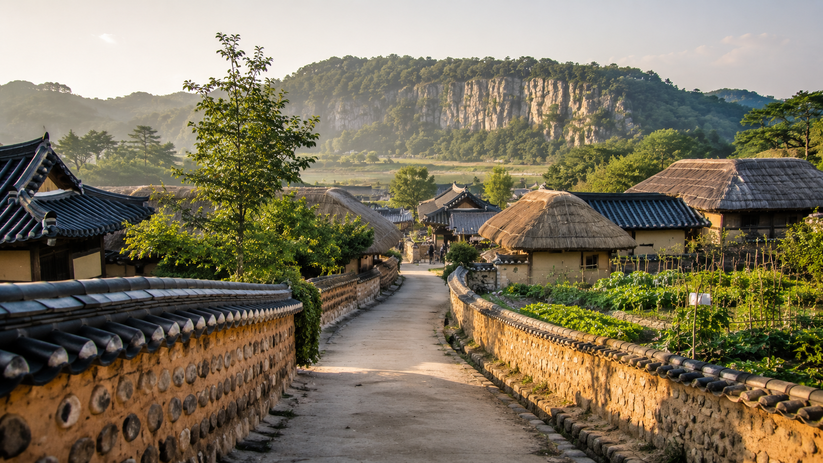 Traditional tiled and thatched houses inside Andong Hahoe Folk Village, with residents’ gardens and Buyongdae Cliff in t