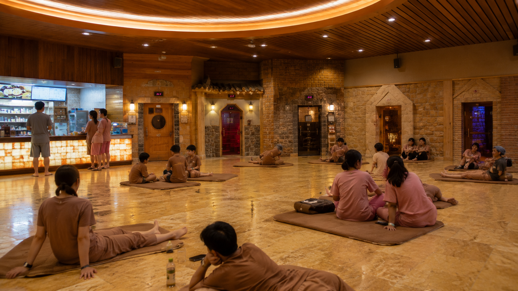 A clothed communal jjimjilbang lounge with visitors resting on heated flooring beside entrances to several sauna rooms