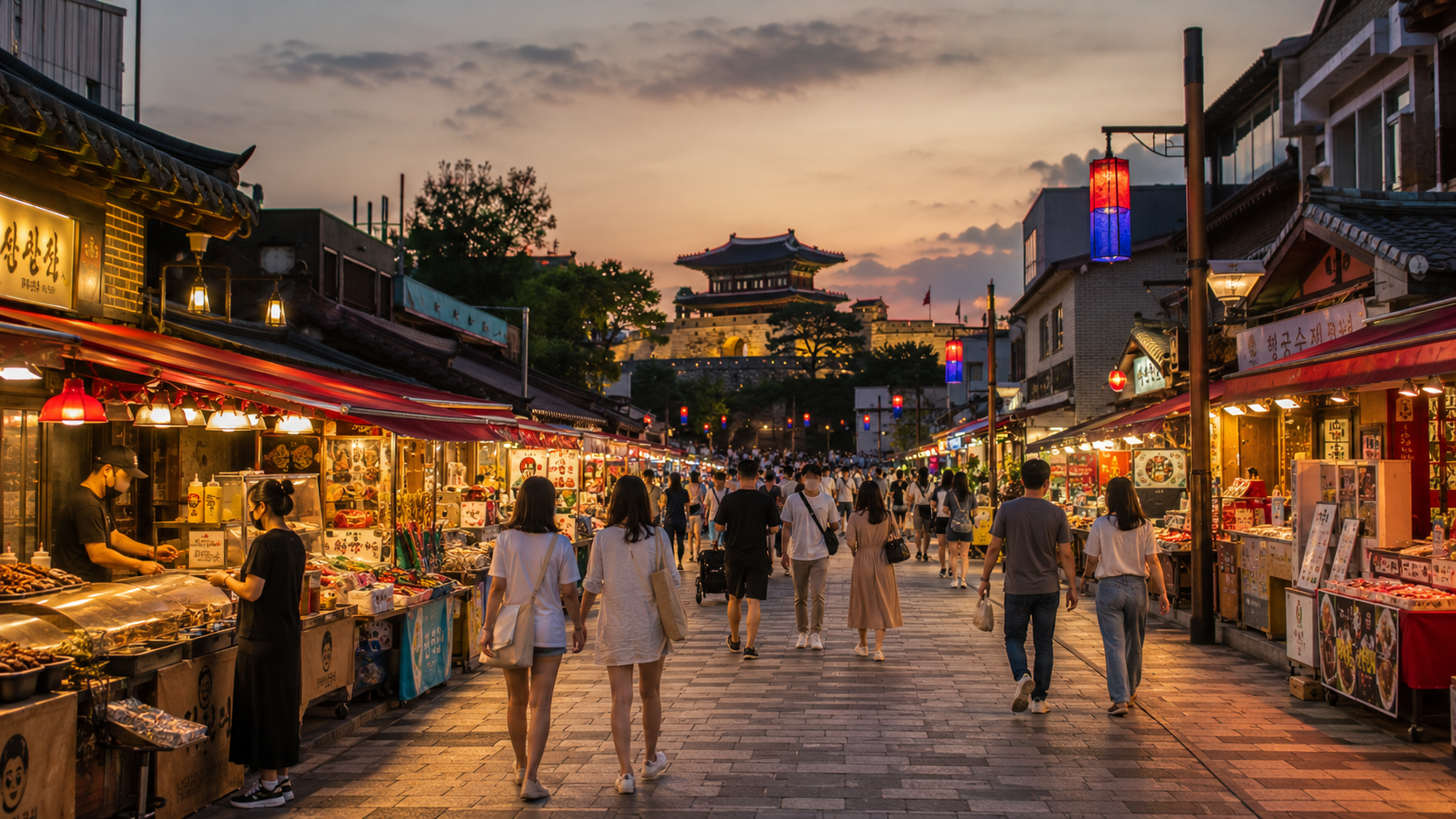 Evening activity in a traditional market street near Paldalmun, Suwon