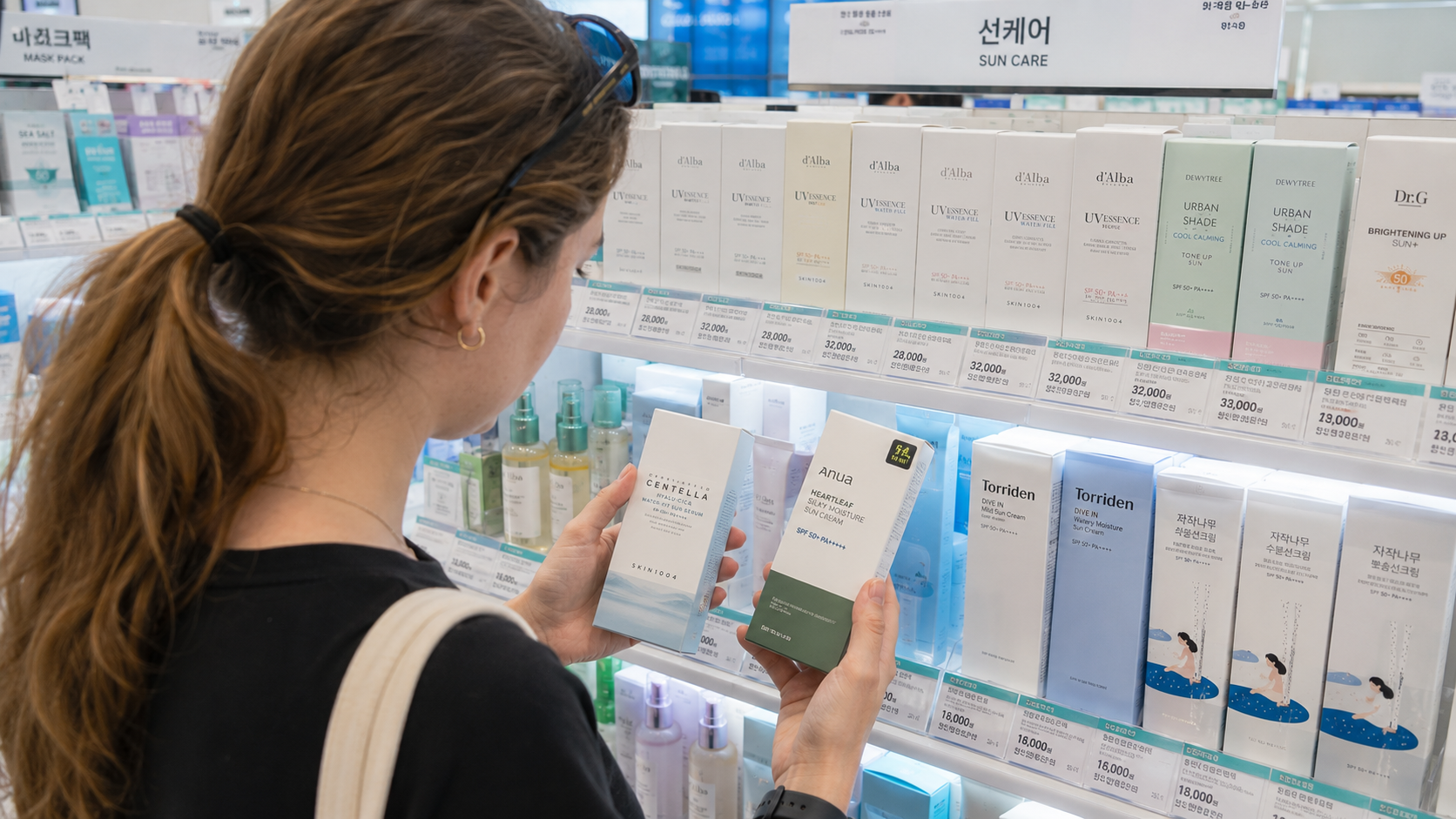 A traveler comparing Korean skincare products inside a bright Seoul beauty store