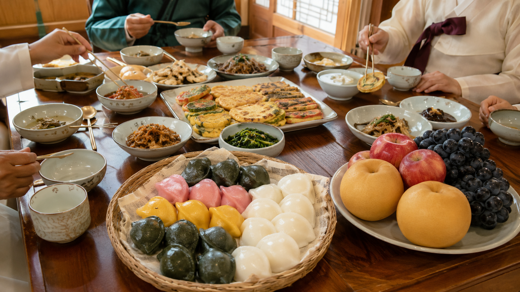 A family-style table in a Korean home with songpyeon, jeon, fruit, and traditional tableware during Chuseok