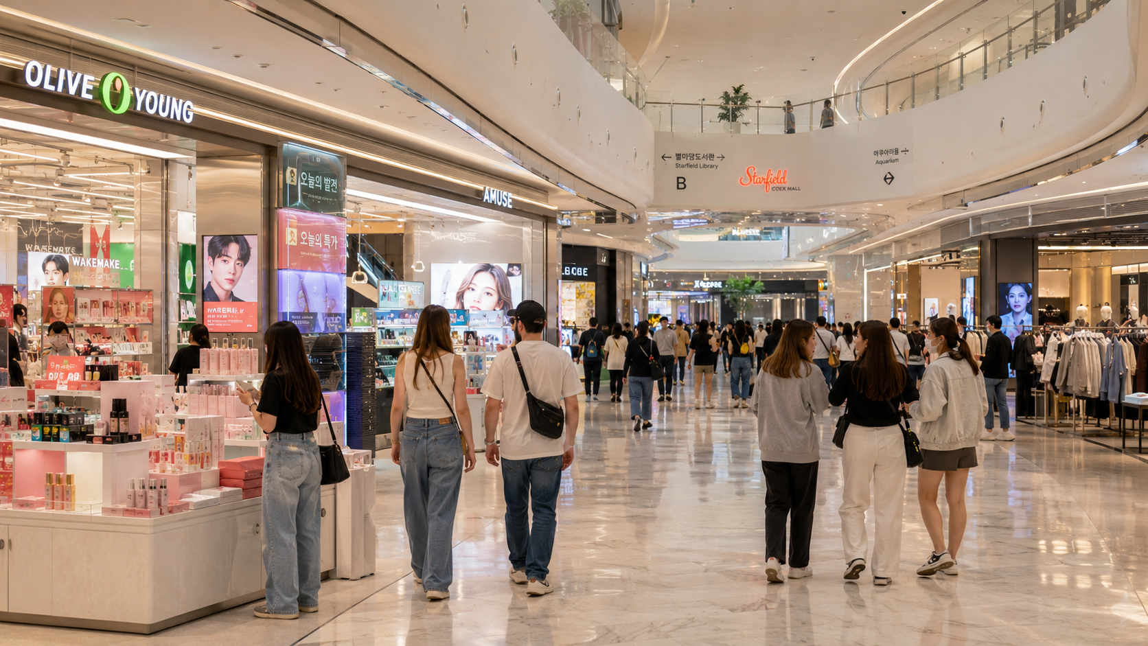 International visitors browsing Korean beauty and fashion stores inside Starfield COEX Mall