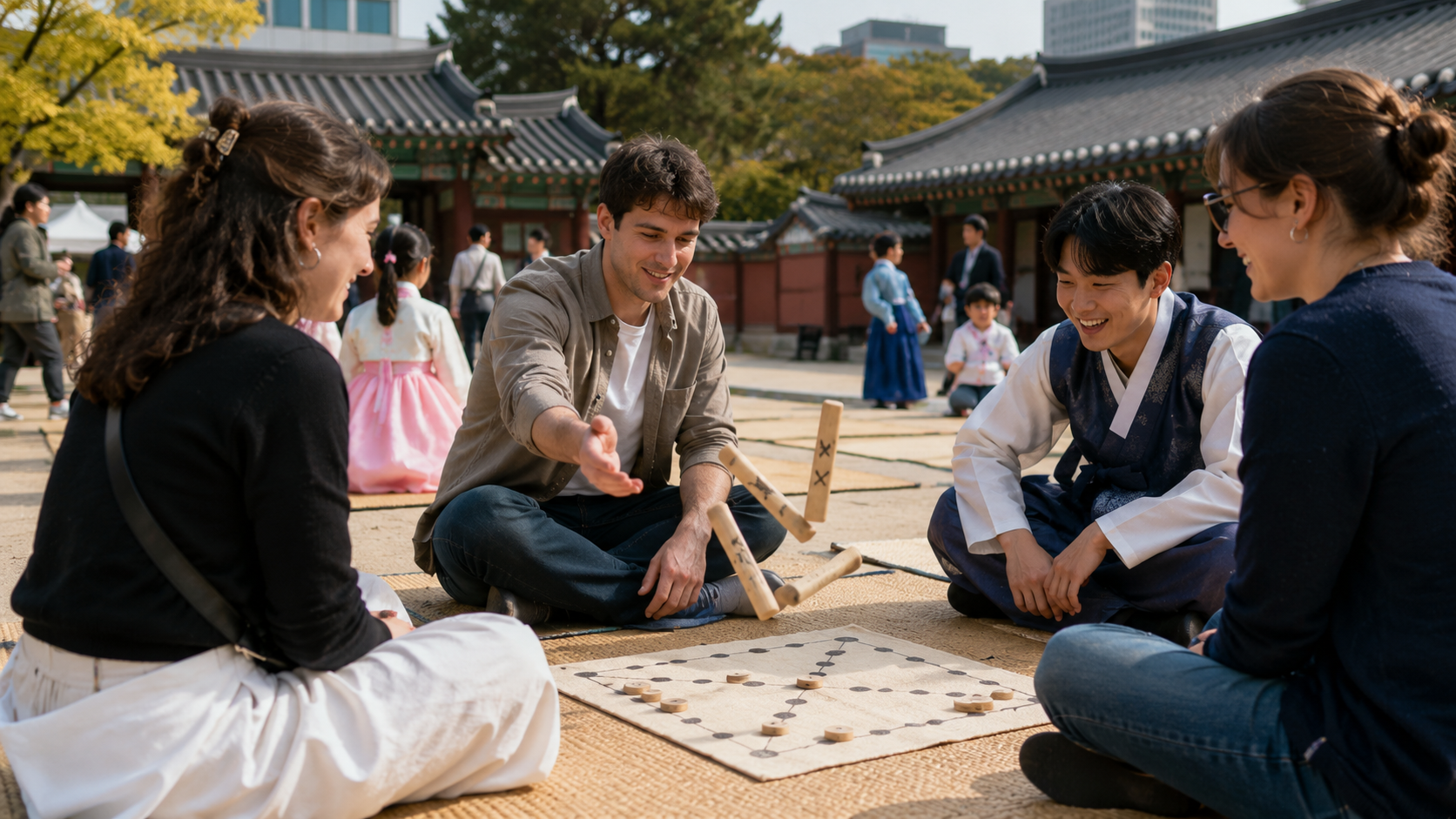 Travelers playing yutnori, a traditional Korean board game, at an outdoor Chuseok cultural program in Seoul