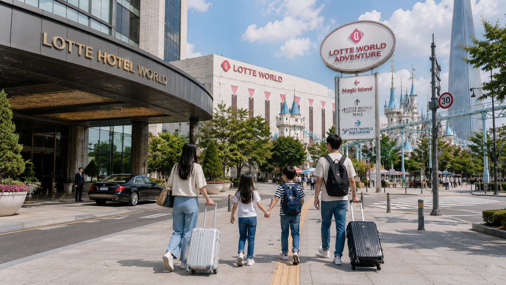 A family arriving outside Lotte Hotel World in Jamsil, with signs for Lotte World Adventure visible nearby