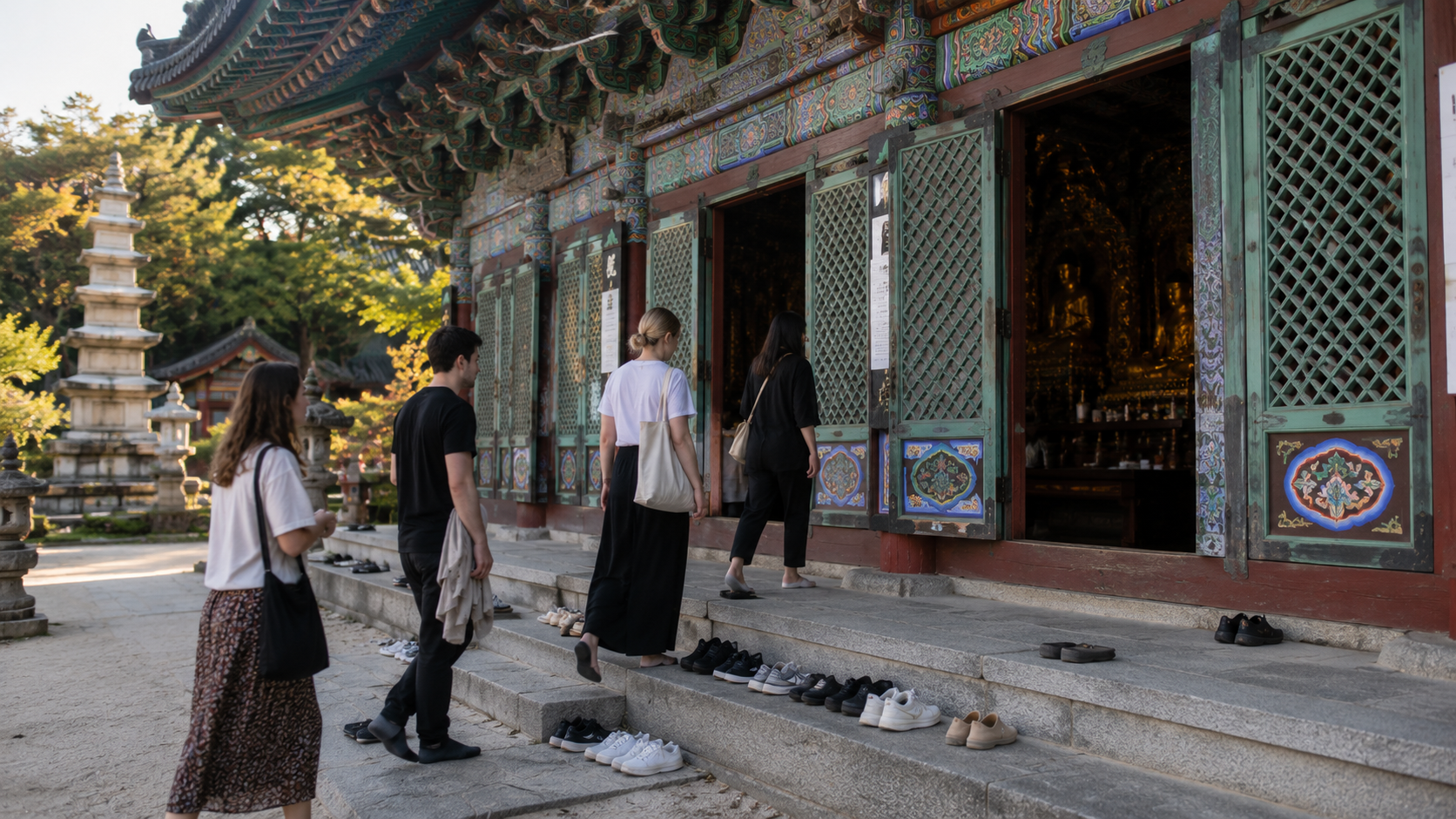 International visitors approaching a Korean Buddhist temple prayer hall after leaving shoes outside
