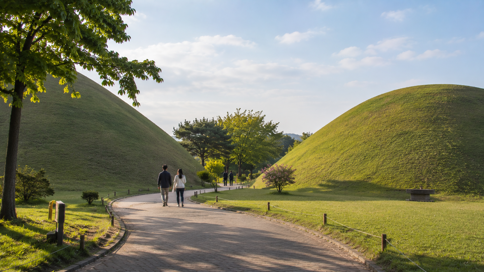 Visitors walking between green Silla royal tomb mounds at Daereungwon in Gyeongju