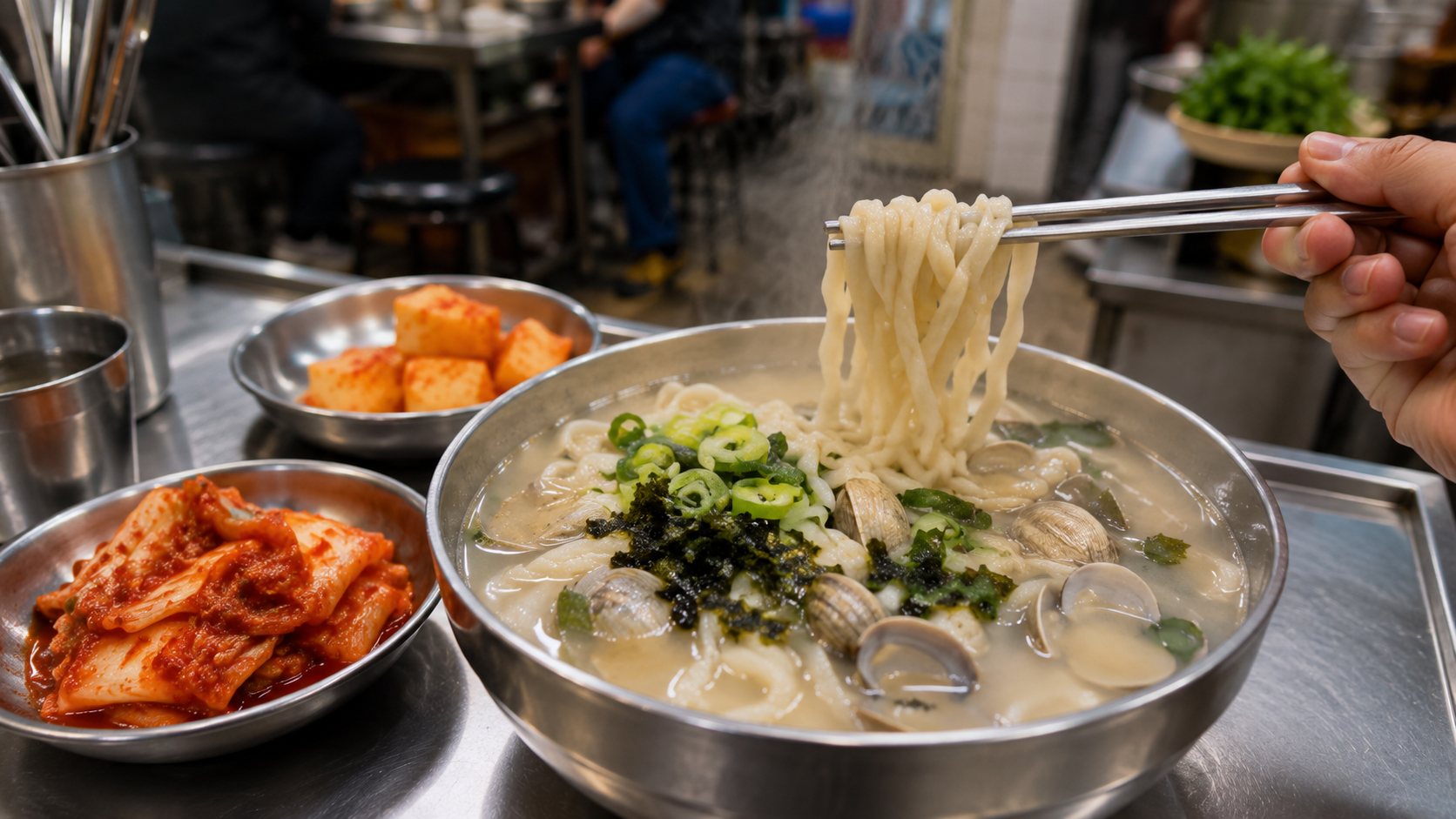 A bowl of steaming kalguksu on a stainless-steel table in a casual Seoul noodle restaurant, with kimchi and metal chopst
