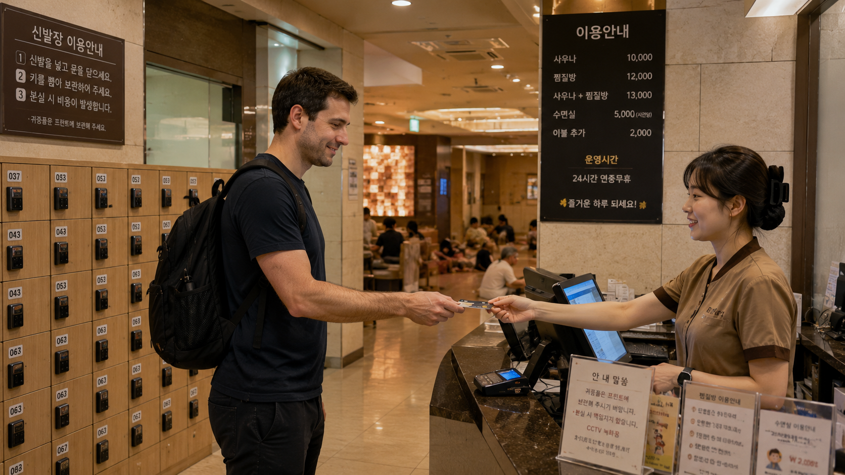 A first-time international visitor standing at a modern jjimjilbang reception desk in Seoul, with shoe lockers and Korea