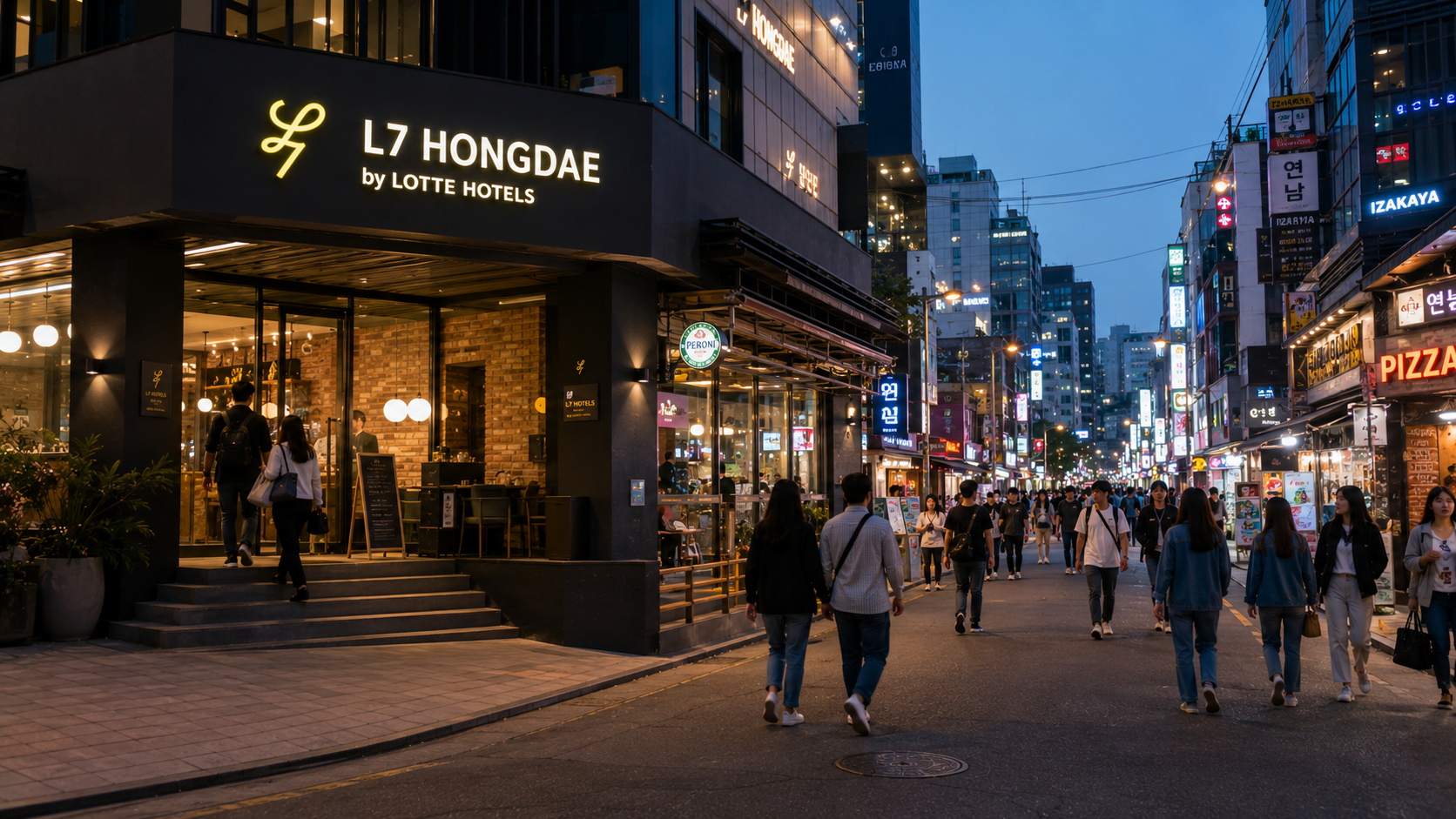 Evening street view in central Hongdae with a modern hotel entrance, restaurants and pedestrians