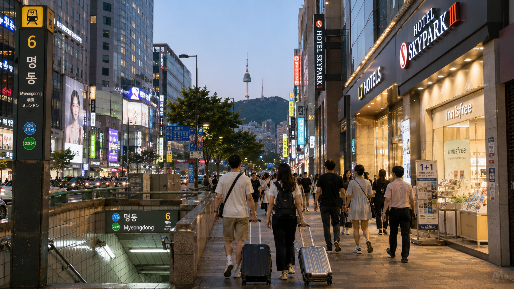 Travelers walking past hotels and illuminated shop signs near Myeongdong Station in central Seoul