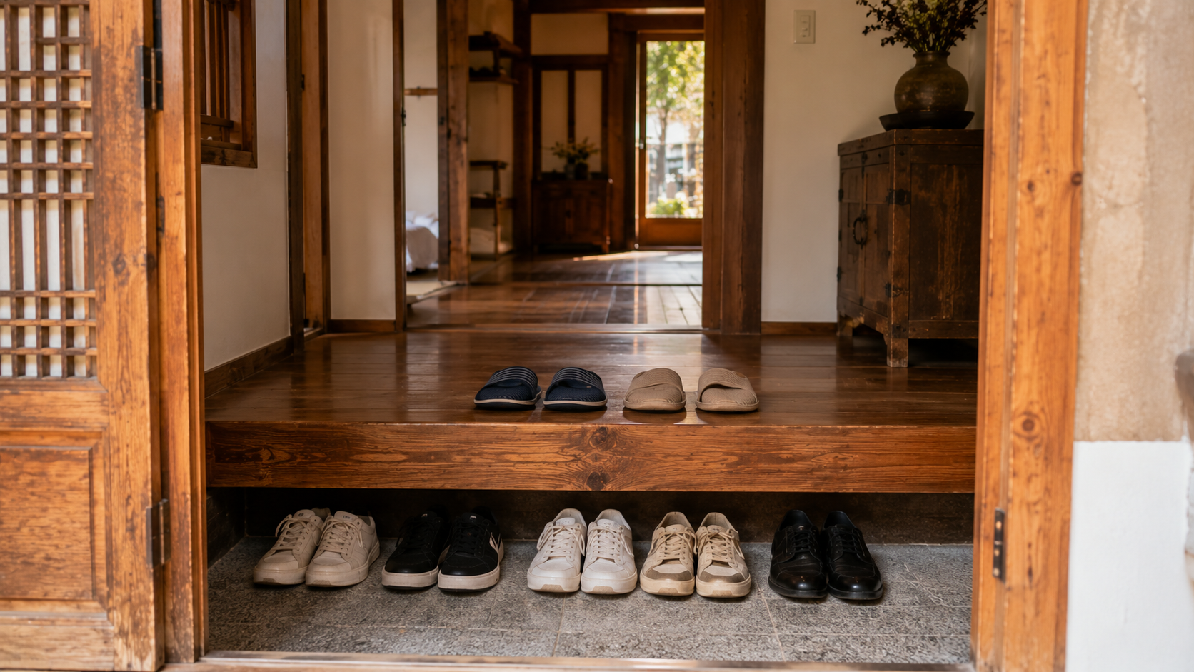 Entrance of a Korean home or traditional guesthouse with shoes arranged below a raised wooden floor