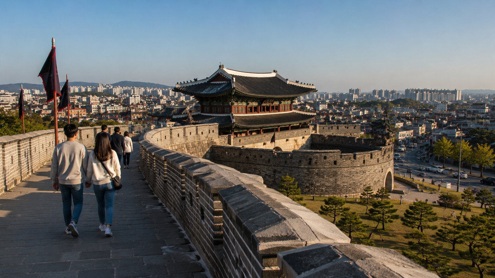 Visitors walking along Hwaseong Fortress near Janganmun in Suwon