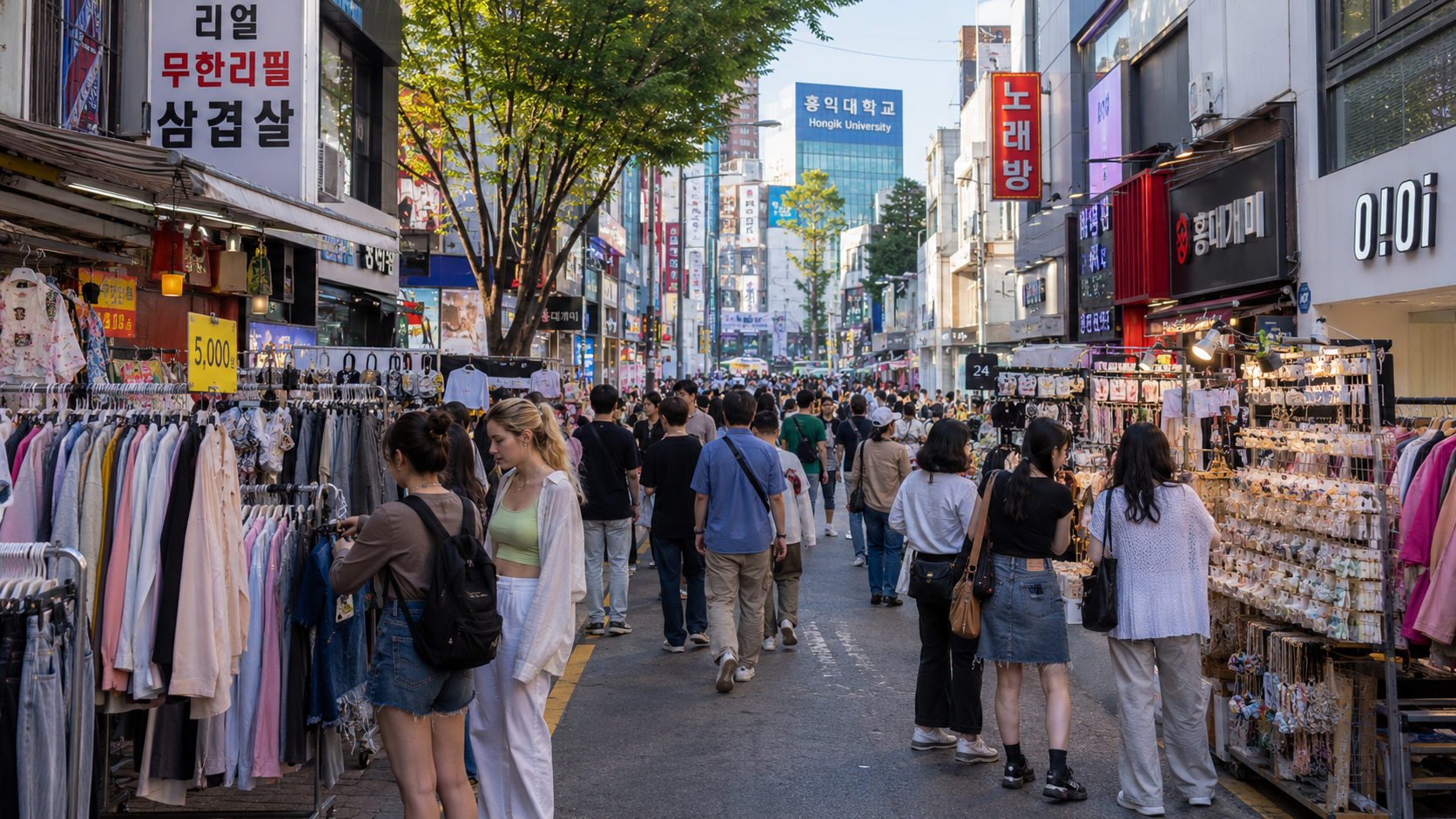 International visitors browsing clothing racks and accessory displays on a central Hongdae shopping street