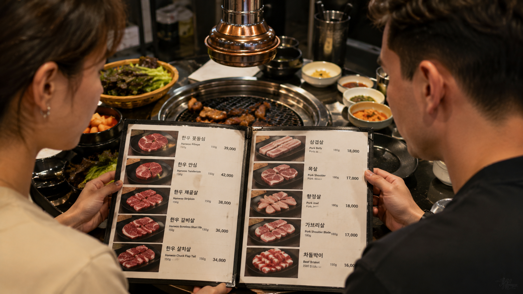 Two travelers checking the portion weight and price on a Korean barbecue menu before ordering